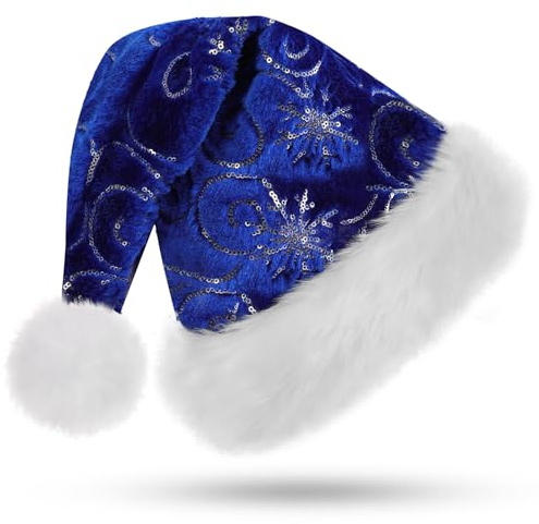 CITÉTOILE Chapeau de Noël, Chapeaux de Père Noël pour Adultes, Motif Feuilles avec Broderie,Chapeau de Noël pour Hommes et Femmes pour Fête de Noël, Nouvel An, Vacances, Décorations de Fête,Bleu