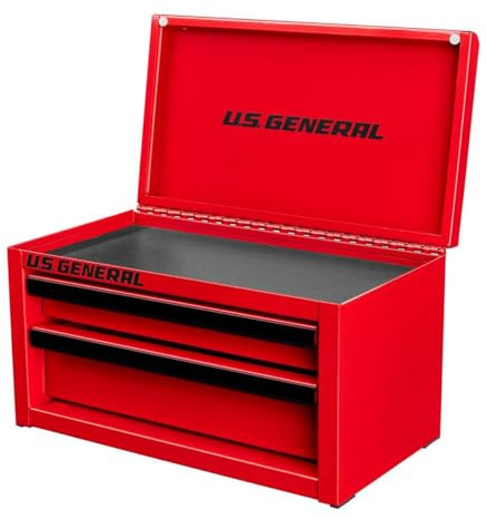 U.S. GENERAL U.S. GENERAL MINI STEEL TOOLBOX, 2 Drawers with magnetic locking mechanism and Top Storage, PVC Liners, Black Trim. (1, RED)