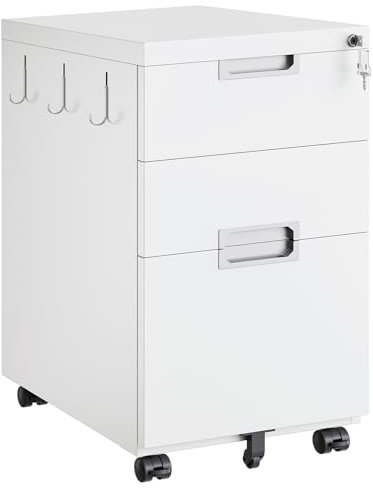 HOOBRO Rollcontainer mit 3 Schubladen, Bürocontainer abschließbar, Mobiler Aktenschrank mit 5 Rollen, Schreibtisch Unterschrank, 39 x 52 x 67 cm, für A4, Legal, Letter Akten, Weiß EWT13WJ01