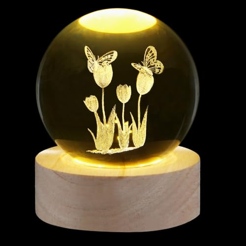 Sahoottie 60mm 3D Butterfly Tulips Crystal Ball Tulips Glass Paperweight Tulip Figurine Gift for Women Crystal Tulip Ornaments for Living Room