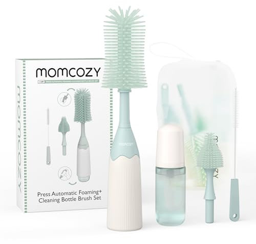 Momcozy Baby Flaschenbürste Set mit Druck-Schaumtechnologie | Silikon Flaschenbürste für Babyflaschen, Milchpumpen & Sauger | BPA-frei, 360° Reinigung & Reise-Etui