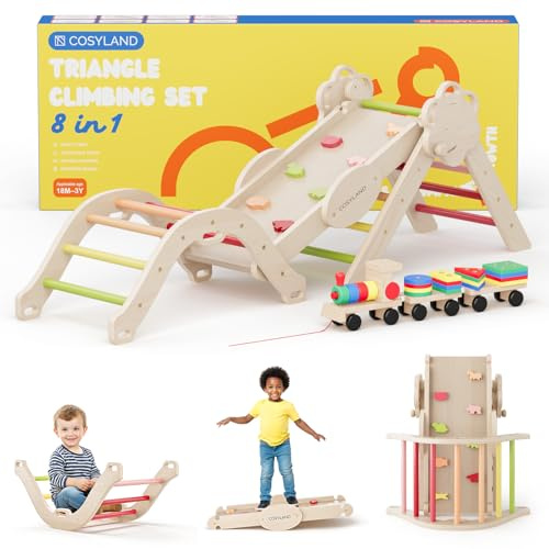 COSYLAND Indoor Climbing Frame for Toddlers – Wooden Triangle Toys with Ladder, Climbing Arch, Balance Board Climbing Toys for Kids Ages 1 - 3 (Warm Shades,M)