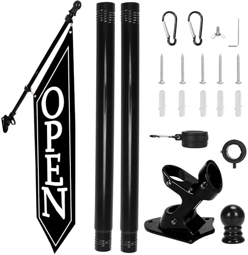 OPEN Flag with Pole Kit - Heavy Duty Canvas Open Banner for Business Storefront, 42x12 Inch Outdoor Double-Sided Sign with Bracket - Advertising Signage for Retail & Shops (Black)