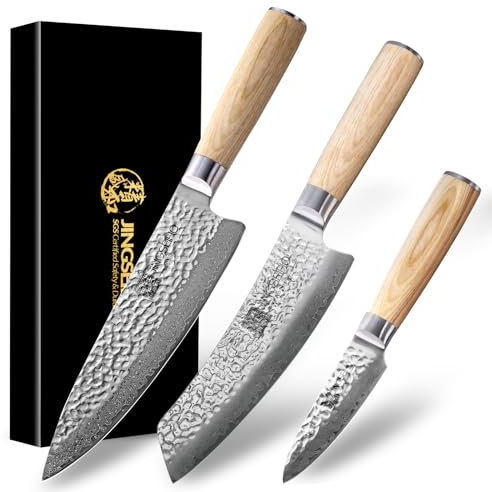 Jingseiho Coffret De Couteaux De Cuisine En Véritable Damas, VG-10 et 67 Couches, Tranchant et Tenue De Coupe Certifiés Par SGS, Manche Ergonomique Équilibré, Idéal Pour La Maison et Les Cadeaux