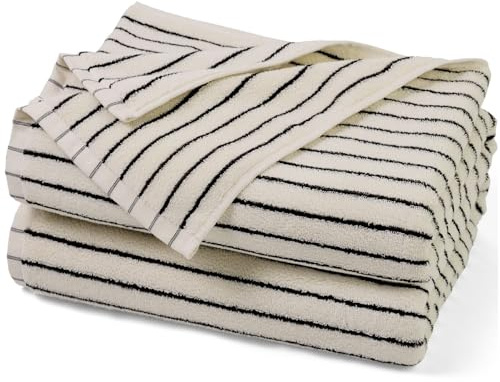 Jacquotha Black and Ivory Striped Bath Towels Set of 2, Lighter & Quick Dry Towels Large 27.5 x 55 inches, Farmhouse for Bathroom, Pool, Shower