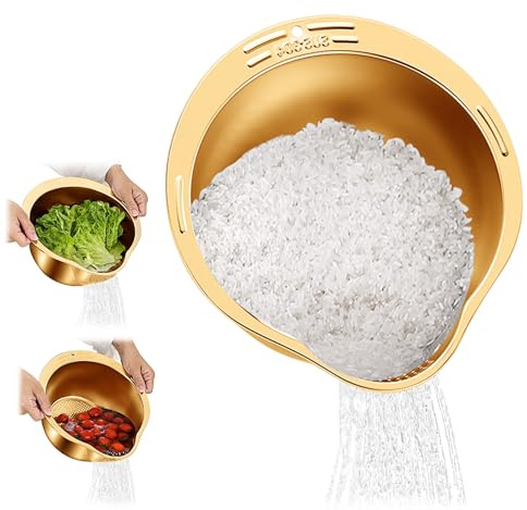 Uppgraderad ristvätt silskål, tvättskål för quinoa, rostfritt stål sköljare med sidoutlopp små durkslag för rengöring av frukt, grönsaker och bönor – pastasil (guld)
