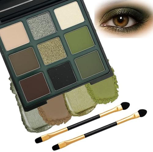 Green Smokey Eyeshadow Palette – 9 Highly Pigmented Matte & Shimmer Shades, Waterproof & Long-Lasting, with Dual-Ended Brush, Beginner-Friendly Eye Shadow for Daily, Party Festival Makeup