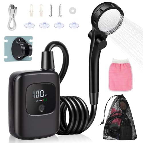 AUAUY Ducha Portatil Camping, [Pantalla Temperatura] 3600 mAh Recargable Duchas Camper Arga Duración, 4 Modos Duchas Terraza, Kit de Ducha para Exteriores Senderismo, Viajes, Coche, Jardín, Mascotas