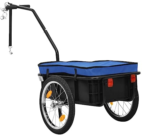 Rimorchio per bicicletta e carrello a mano, 155 x 60 x 83 cm, in acciaio blu, pieghevole con giunto a sfera, carico 50 kg, portata 70 kg, con copertura in nylon, catarifrangenti, per trasporto, tour