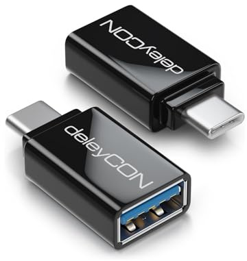 deleyCON Adaptador USB-C a USB 3.0 (2 Piezas) - Adaptador OTG para Teléfono Móvil 5 Gbit/s Thunderbolt 3/4 para iPhone 17 16 15, Galaxy S25/S24/S23, MacBook, iPad, iMac, Surface, Notebook, PC, Negro