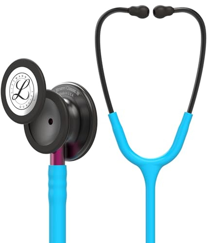 3M Littmann Classic III Monitoring Stethoscope, 5872, More Than 2X as Loud, Weighs Less, Stainless Steel Smoke-Finish Chestpiece, 27 Turquoise Tube, Pink Stem, and Smoke Headset