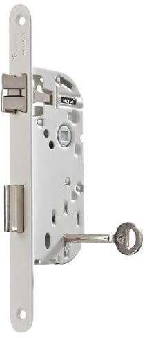 Vachette Serrure à encastrer à clé, axe 40 mm, coffre 135 mm, Certifiée NF Niveau 2 - D25 Réversible sans démontage, Têtière bouts ronds - Porte intérieure chambre, bureau - Blanc, Gâche, 1 Clé inclus