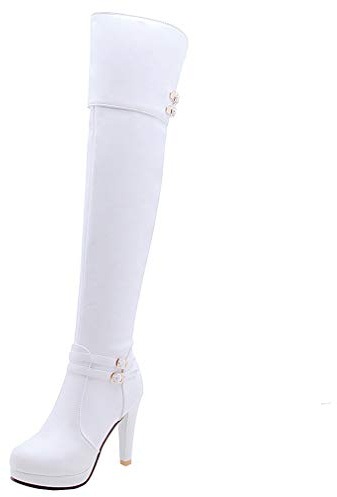 LOVOUO Mode Botte Haute Femme Cuissarde Talon Aiguille Haut Plateforme avec Boucle Stiletto Thigh High Heels Boots Sangle Chaussure Fermeture Eclair Hiver(Blanc,43)