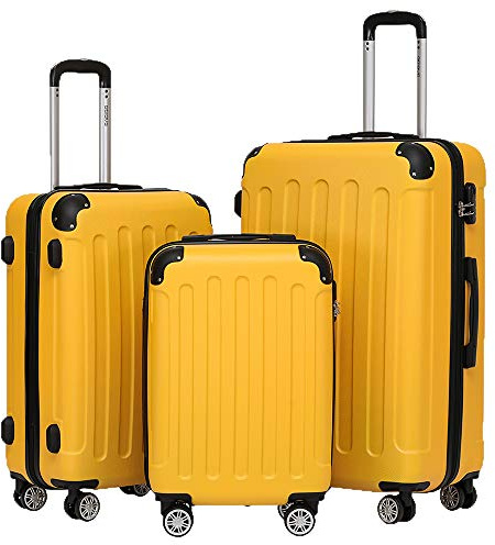 BEIBYE- Hartschalenkoffer Koffer Trolley Rollkoffer Reisekoffer Zahlenschloß 4 Zwilings-Rollen (Yellow, Koffer-Set)