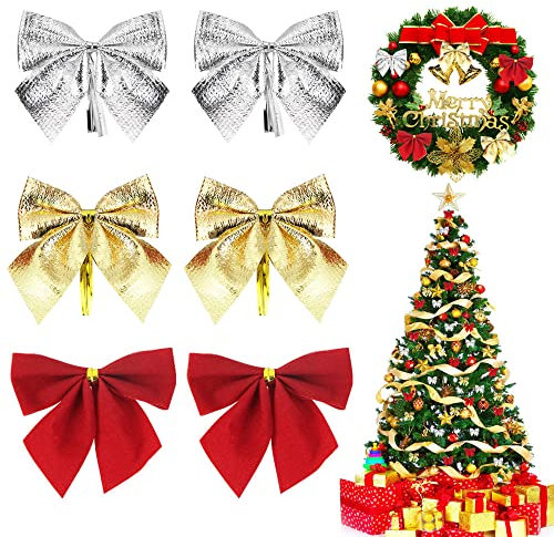 PERFETSELL 72 Stück Weihnachtsschleifen Ornamente, Weihnachtsbaum-Schleifen, Dekoration, kleine Weihnachtsschleifen für Weihnachtsgeschenke, Hochzeitsfeier, Geschenk-Dekor (Rot/Silber/Gold)