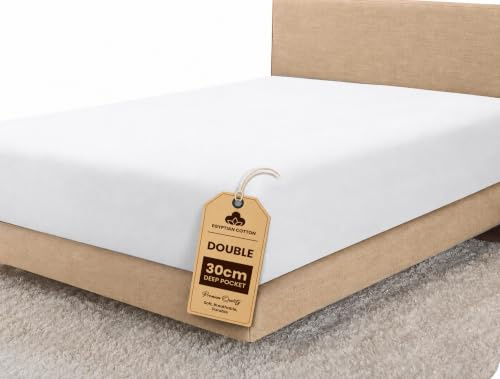 Linens World Egyptian Cotton Fitted Sheet Double (137x190cm), 30cm Deep Pocket, 200 Thread Count, Soft Breathable Bed Sheet, Anti-Wrinkle, Easy Care Bottom Sheet (White)