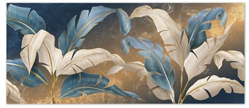 Lupia - Quadro moderno Stampa su Tela CANVAS WORLD 52x122 cm LEAVES WHITE BLUE, foglie blu e oro, per soggiorno, capezzale camera da letto, ufficio