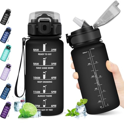 KollyKolla Barnvattenflaska 500 ml, sportvattenflaska med motiverande tidsindikator, vattenflaska med sugrör, 1 klick öppen, vattenflaska för barn, skola, cykel, gym