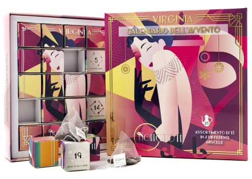 Novecento Tè® | Calendario Avvento Tè Tisane Virginia | Set Scatola Regalo Tè - 25 Filtri in 4 Gusti | Cofanetto Regalo Tè Tisane Natale Gioco Puzzles Immagini Natale