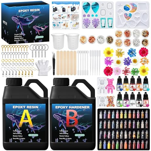KIMIGO Epoxidharz Set Anfänger 510 ml,Resin harz Gießen Set,Harz Gießen Zubehör,mit Silikonform,Pailletten,Farbessenz,Pinzette,Trockenblumen,Handschuhe,für machen DIY Schmuck,Handwerk Und Kunstwerke