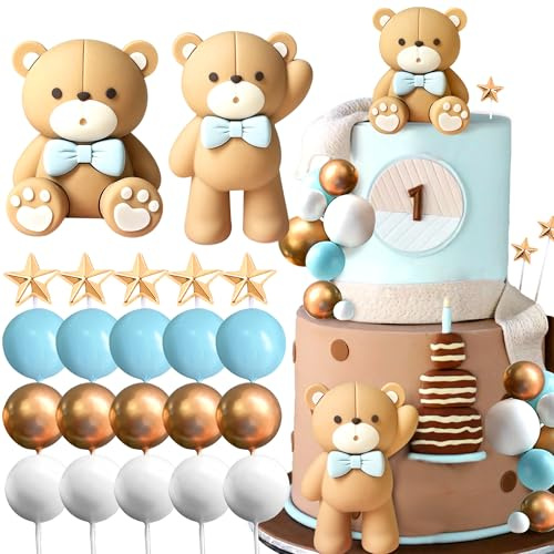JeVenis Topper Torta Orso Blu con Palline Blu e Oro - Decorazione Torta Compleanno e Babyshower