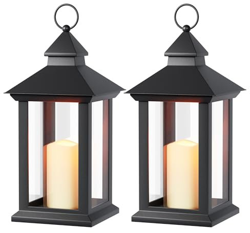 JOIONE Lanterns Decorative Indoor, 2 Packs 14 Battery-Powered Waterproof Black LED Candle Lanterns with Timer for Patio & Outdoor, Vintage Hanging Lantern for Home Decorations, Transparent