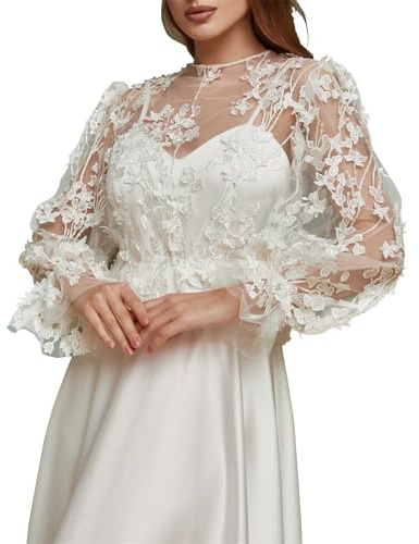 MAYILNSIN Boléro de mariée en dentelle à manches longues pour femme avec boutons dans le dos Blanc ivoire pour soirée, blanc, 2