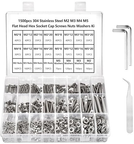 1500 Stück Senkkopfschrauben und Muttern Set: M2 M3 M4 M5 304 Edelstahl Schraubensortiment Set mit 4 Schraubenschlüsseln