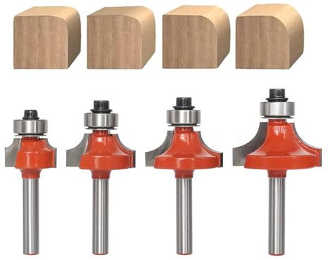 AKYLIN Lot de 4 Fraises Quart de Rond à Tige de 6 mm, Rayons des Embouts 3, 6.35, 8, 9.5 mm, Fraises à Bords Ronds avec Roulement à Billes Pour Bois