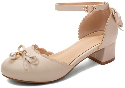 OALEEN Escarpins Sandales Femme Eté Petit Talon Carré Bride Cheville Noeud Bout Rond Chaussures Soirée Mariage Beige 37