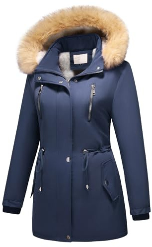 MODFUL Women's Fleece Down Parka Jacket Detachable Hood Warm Sherpa Winter Coat Outerwear (Dark Blue, L)
