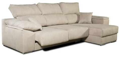 Sofá Chaise Longue Corsa Moderno y Contemporáneo | Confort Máximo con Asientos Deslizantes y Respaldos Reclinables | Tela Antimanchas Aqualine, Arcón de Almacenaje, Hecho en España – Beige Derecha