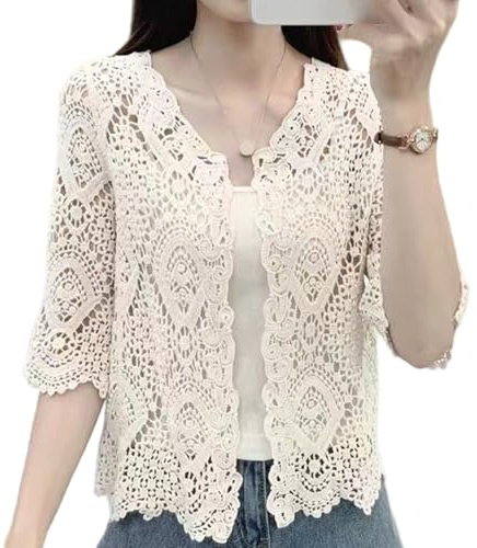 Cardigan all'Uncinetto Protezione Solare in Morbido Cotone Floreale Maniche a 3/4 Aperto sul Davanti Cardigan in Pizzo Estivo scolpito all'Uncinetto per Top da Donna