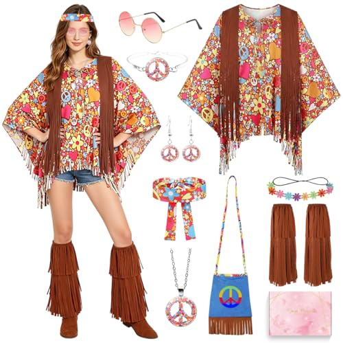 YYDSXK Disfraz Hippie Mujer, Disfraz Años 70 y Accesorios, Bolso de Hombro, Gafas de Sol, Poncho Hippie Carnaval, Disfraz Carnaval Años 70 Mujer para Cosplay, Halloween y Fiestas Retro