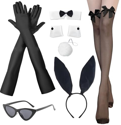 YiiHHooN Costume de Lapin pour Femme, 7 Pièces Costume Bunny Noir, Serre-Tête Oreilles de Lapin Collier Nœud Papillon Manchettes Lunettes Queue Gants Longs Bas Résille pour Femme