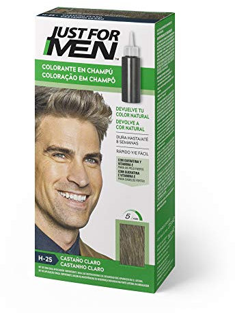 Just for men, Tinte Colorante en champú para el cabello del hombre - Elimina las canas y rejuvenece el cabello en 5 minutos, Castaño Claro, 30 ml, H25 (8413853401016)