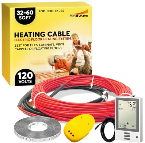Floor Heating Cable 120V - 32-60 sq ft Heated Floor System, Underfloor Electric Heat Cable Warmer, Radiant Heated Flooring System for Tile with 7-Day/4 Event Programmable GFCI Thermostat, Made in USA