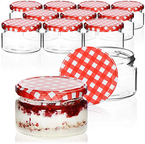com-four® 12x Einmachgläser mit rot/weiß kariertem Schraub-Deckel - TO Ø 82 mm - bis zu ca. 250 ml