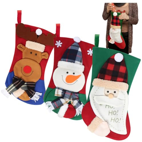 com-four® 3X Calza di Natale Premium XL da riempire - Stivali di Babbo Natale da Appendere - Decorazione Natalizia in 3 Simpatici Motivi - Calza di Babbo Natale