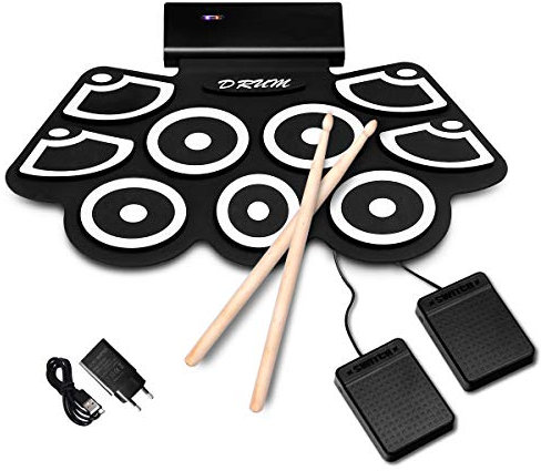 COSTWAY 9 Pads E-Drum, elektronisches Schlagzeug Set mit Bluetooth, Roll-Up-Trommel inkl. Pedale und Drumsticks für Kinder und Anfänger, schwarz