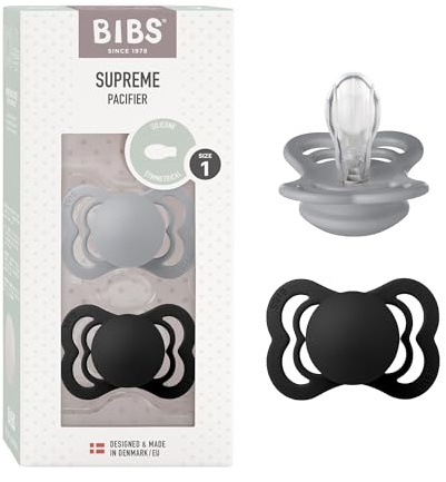 BIBS Supreme Dummies 2-Pack, BPA Free Dummy Pacifier, Silicone Symmetrical Nipple Soother, Size 1 (0-6 Months), Cloud/Black