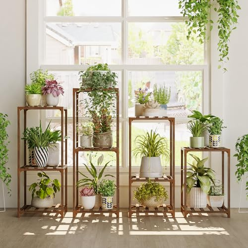 Bamworld Plant Stands Indoor 4 Sets Plant Shelves Outdoor Wooden Plant Holder for Multiple Plants Flower Stands for Living Room Balcony Garden Patio Lawn Window