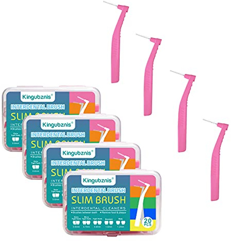 Kingubznis 80 Count Interdental Brush Cleaners Dental Brushes Toothpick Tooth Flossing Head Oral Hygiene Angle with Portable Case Use for Cleaning(Pink, Extra Tight Teeth)