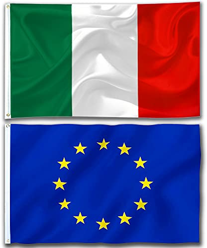 Bandiere Italiane e Bandiere dell'Europa.90 X 150 cm Bandiere con 2 Occhielli in metallo Durevole.Bandiera Italia Nazionale Italian Flag e Bandiera dell'Europa Resistente alle Intemperie Bandiera EU