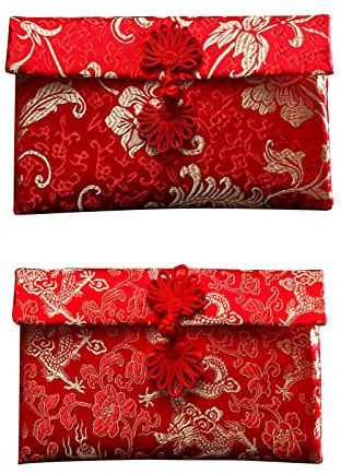 2 buste cinesi rosse, buste rosse in seta, buste cinesi per biglietti Hongbao, tasche rosse per soldi per Capodanno, feste di primavera, compleanno e matrimonio