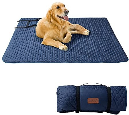 Friends Forever Large Travel Dog Bed Mat, Portable Pet Sleeping Pad with Carrying Strap, Couch Protector, Soft Quilted Cover Throw for Cold Weather, Machine Washable, 50 W x 60 L, GEO Navy/Grey