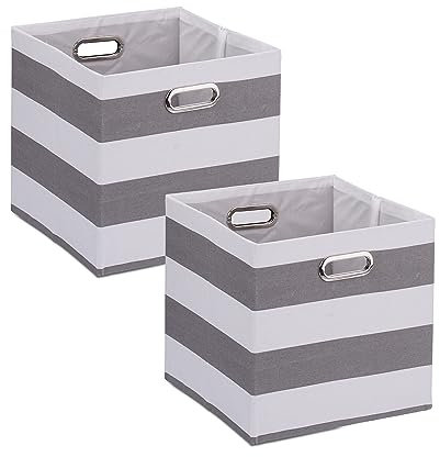 Relaxdays Aufbewahrungsbox aus Stoff, 2er Set, mit Streifen, HBT: 30,5 x 30,5 x 30 cm, Faltbarer Regalkorb, grau/weiß