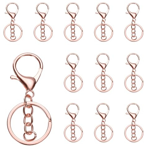 uxcell Lobster Claw Clasps Keychain, 12 Pcs Lobster Claw Clasp Hook with Flat Split Keychain Ring and Chain for DIY Craft Key Chain Accessories, Rose Gold