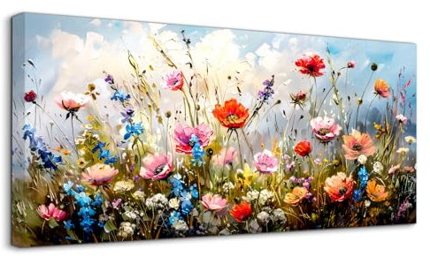 hyidecorart Tableau Decoration Murale Salon Grand, 50x100 cm Impression sur Toile, Cadre Decoration Murale Ciel Bleu et Mer de Fleurs, Moderne Décoration de Chambre Salle De Bain Bureau