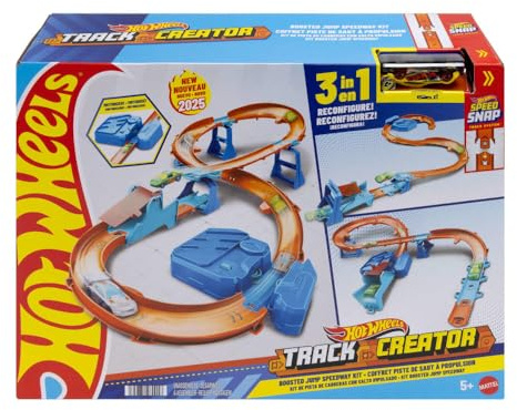 Hot Wheels Toy Car Track Set, Deluxe Building Box with Motorized Booster, 1:64 Scale Vehicle, Speed Snap Track, Boosted Jump Speedway, JDB49